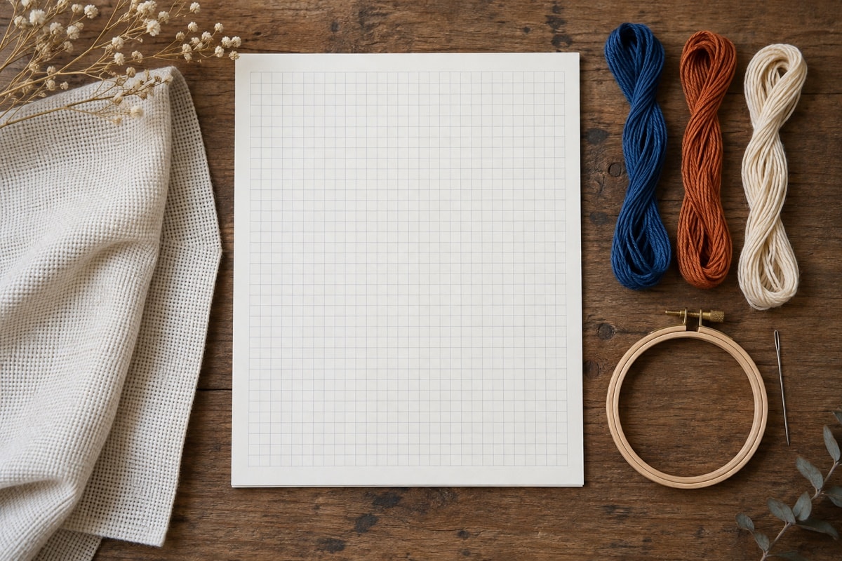 Blank grid paper, blockweave fabric and floss prepared for motif planning